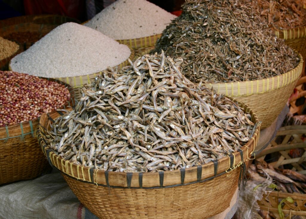 Dried fish and grains at the market.