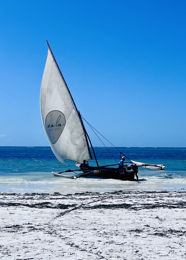 A dhow pulled up on the beach, Zanzibar.